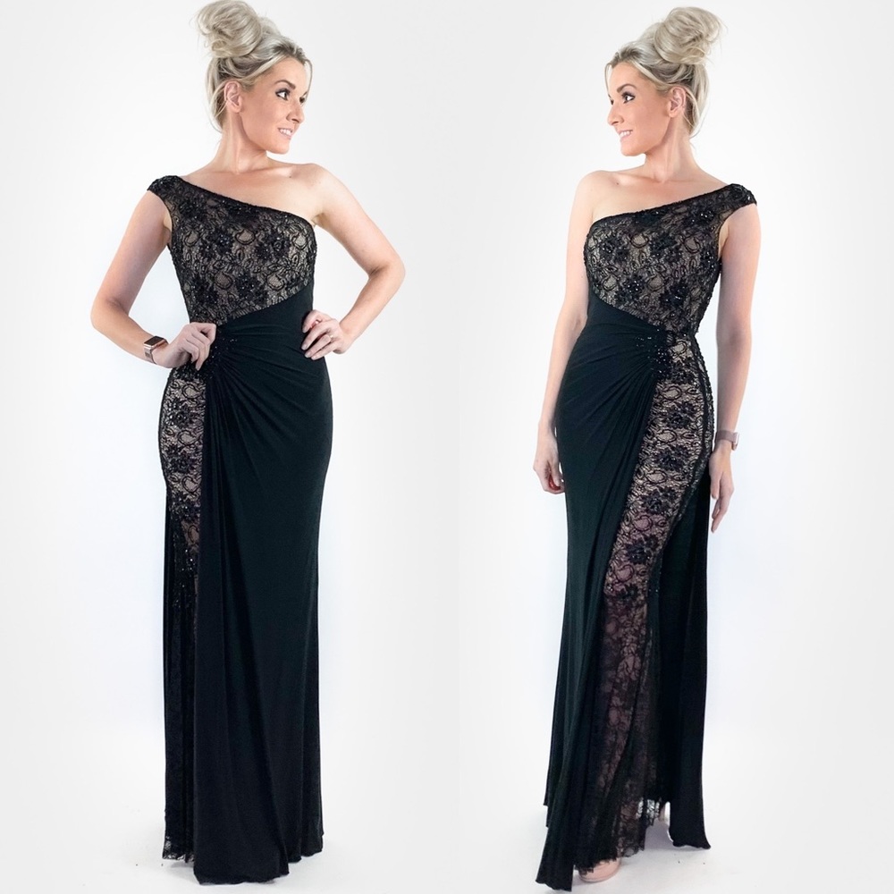Black Lace Over Nude Evening Gown - Picture 2 of 8